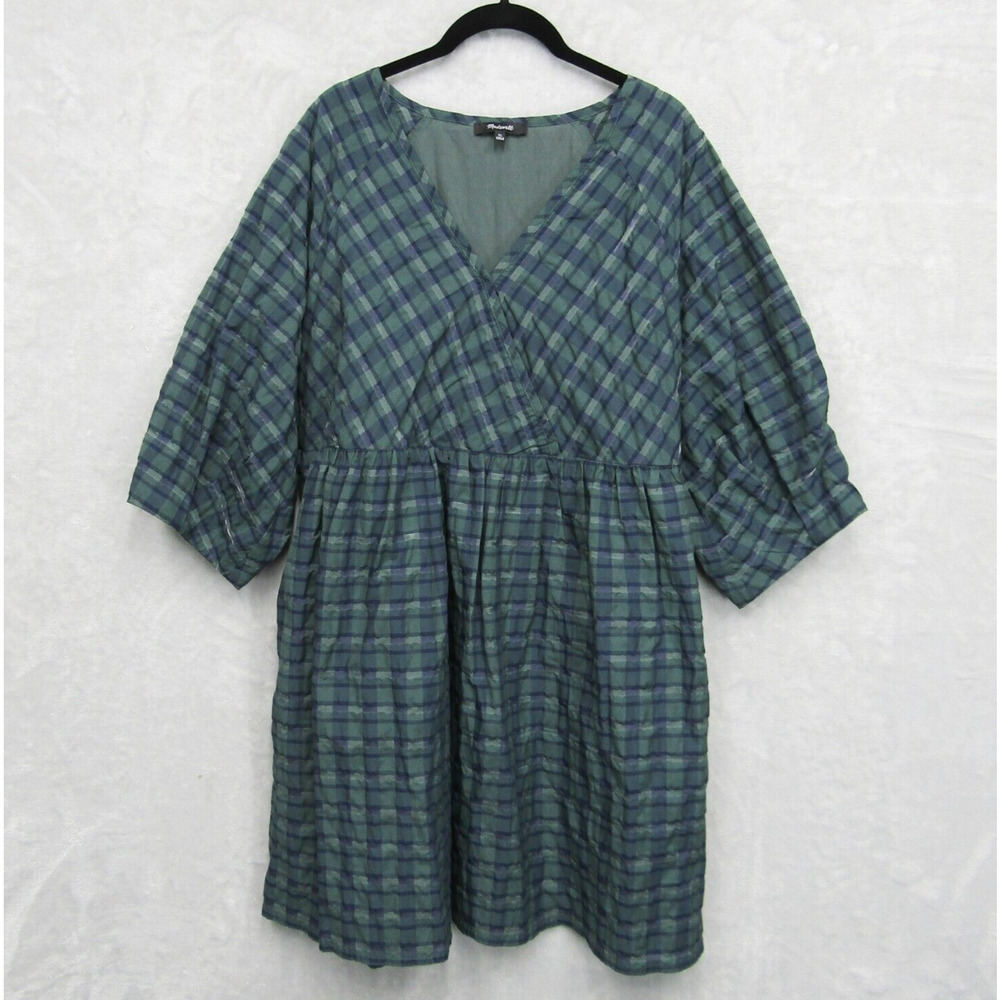 Plaid V-Neck Dress in Blue and Green